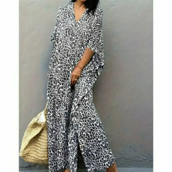 Kaftan Leopard Dress Maxi Cover Up Animal Print NEW 🦋 LAST 1 - Picture 8 of 11